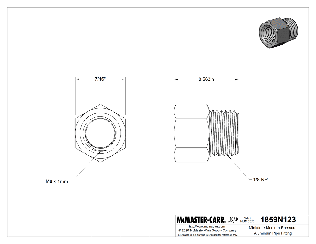 Technical Drawing of Miniature Medium-Pressure Aluminum Pipe Fitting, Straight Adapter, M8 x 1 mm Thread Female, 1/8 NPT Male.